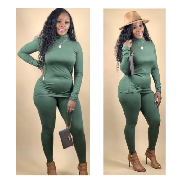 None Pants - 🚨LAST ONE🚨Green Mock Neck Top and Pants Set
